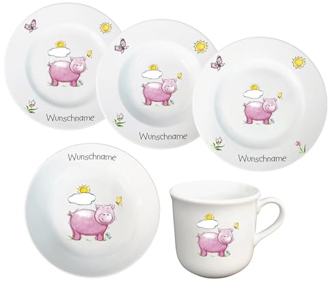 Kindergeschirr Kinderservice 5-tlg. Schwein Kinder Geschirr Porzellan Teller Tasse Müslischale personalisierbar mit Wunschname Name Kombiservice mit Namen personalisiert