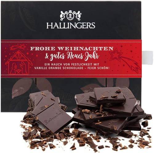 Hallingers Genuss Manufaktur Vegane Schokolade Weihnachts-Geschenk - Tafel aus handgeschöpftem Edelkakao ohne Alkohol edler Karton Frohe Weihnacht... Vanille-Orange, Weihnachten für Frauen Männer
