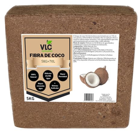 Bloque Fibra de Coco 5kg - 70L - Un Sustrato Natural VLC horticultura, Ideal para Terrarios, Plantas, Cactus y Bonsái - Rico en Nutrientes