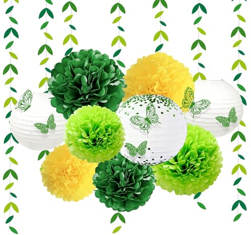 ZYOOO 18 Stück Grüne Gelb Party Deko Set - Seidenpapier Pompons,3D Schmetterlings,Blätter Girlande,Papierlaterne Dekoration für Frühling Geburtstagsdeko,Hochzeit,Baby Shower