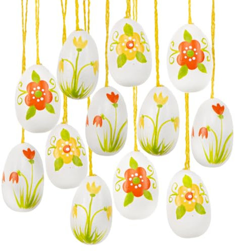 Set di 12 ovetti pasquali in legno da appendere, 3 cm: decorazioni vintage con fiori in giallo, arancione e bianco, perfette per albero di Pasqua, rami, regali e decorazioni di primavera