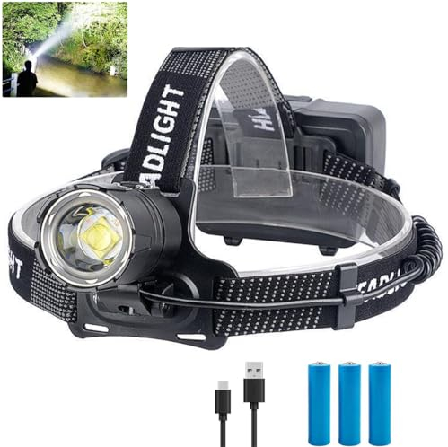 WHTOHY LED Stirnlampe Wiederaufladbar Super Hell 30000 Lumen P70 Stirnlampe mit 3 Modi, 6000mAh Leistungsstarke LED Stirnlampe Wiederaufladbare USB Akku Powered Stirnlampe Wasserdicht für Outdoor