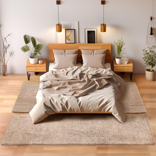 SIMPEX Bettvorleger Schlafzimmer Teppich Läufer Flur Teppich Küchenläufer Hochflor 3 Teiliger Set Bettumrandung Einfarbig Modernes Design Soft Flauschig & Extra Weich Farbe: Beige
