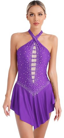 inlzdz Donna Vestito Pattinaggio Artistico Paillette Leotard Senza Manica Body Danza Classica Backless Abito da Ballo Latino Ballerina Samba Rumba Danza Moterna Viola M