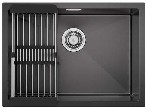 CECIPA Evier Inox 1 bac 60 x 44 cm, Evier Cuisine Noir Anthracite à Encastrer, Lavabo Cuisine avec Panier de Vidange Extensible, Évier Cuisine Multifonction Moderne avec Siphon et Kit de Drainage