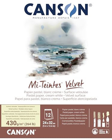 CANSON Mi-Teintes Velvet, Pastellpapier, samtige Oberfläche, 430 g/m², auf der kurzen Seite geleimter Block, 24 x 32 cm, Cremeweiß, 12 Blatt, weiß