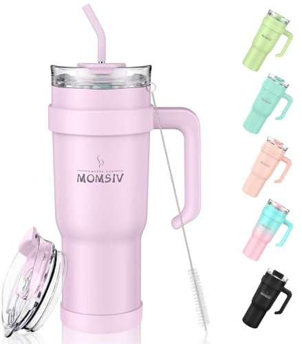 MOMSIV 40oz Tumbler with Handle and Straw, Large Capacity 1100ml Stainless Steel Leakproof Coffee Cup, Insulated Vacuum Double Wall Travel Mug Water Bottle for Hot Iced Drink - Light-Pink