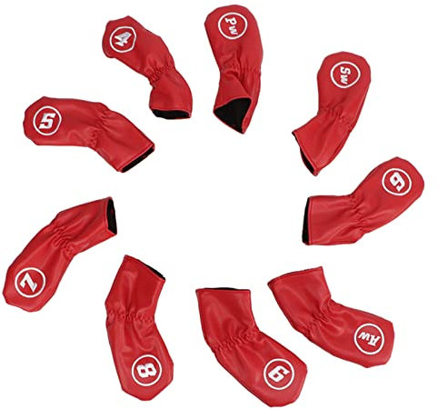 Schlägerkopfschutz Für Golf, 9 Stück Kopfbedeckung Für Golfschläger, Rote wasserdichte PU Headcover Golfschläger, Zum Schutz des Schlägerkopfes, Für Rechts Und Linkshänder