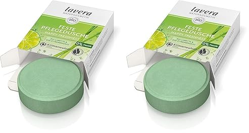 lavera Feste Pflegedusche Happy Freshness - mit Bio-Limette und Bio-Zitronengras - reinigt die Haut sanft, ohne sie auszutrocknen - 3x ergiebiger als flüssiges Duschgel - Naturkosmetik - 1 Stk / 50g