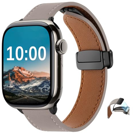SeNool PU Lederarmband für Apple iWatch 46mm 42mm 44mm 45mm 49mm (Asche) | für Apple iWatch Ultra 3 2 1 SE 3 2 1 Series 11 10 9 8 7 6 5 4 3 2 1 Magnetverschluss PU Leder Uhrenarmband Ersatzarmband