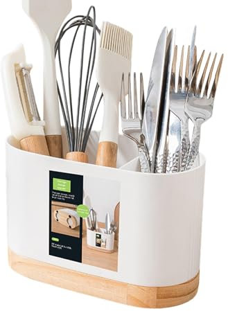 Kitchen Cutlery Drainer with Wooden Base, Water Draining Design, Utensil Storage Organizer for Spoons, Spatulas, Forks, Knives