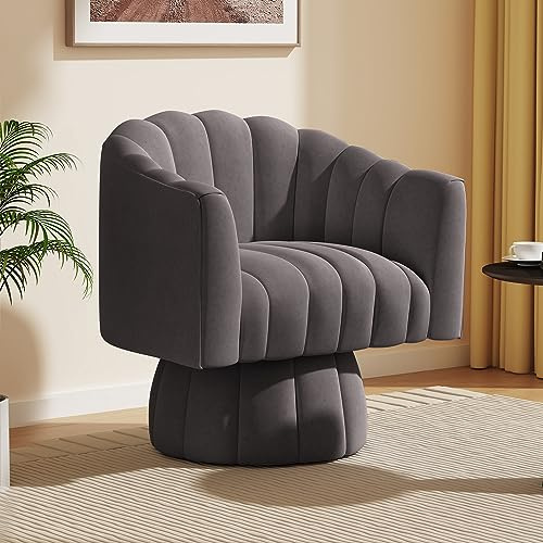 VANTEN Mid Century 360 Degree Swivel Cuddle Barrel Accent Sofa Chairs, Round Armchairs with Wide Upholstered, Fluffy Velvet Fabric Chair for Living Room, Bedroom, Office, Waiting Rooms, (Grey)