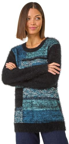 Roman Originals Fluffy Yarn Jumper for Women UK Ladies Thick Sweater Warm Cosy Chunky Knitted Pullover Winter Furry Casual Smart Textured Everyday Cuddly Soft Knitwear - Green Noir - Size 16