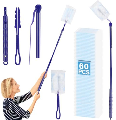 Kasanni Plumeau Poussiere, Duster Recharge Kit, 60 Recharges+1 Manche Long+1 poignée, Dépoussiérage Électrostatique, pour Le Bureau, de l'école, Domicile Retient la Poussière