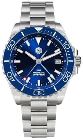 San Martin 39 mm Taucher GMT Uhr Emaille Zifferblatt NH34 Edelstahl Luxus Herrenuhr Automatik Mechanisch Saphir Leuchtend SN0136-G, emailliert blau, Militär