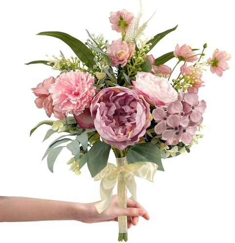 Daily Treasures Bouquet de fleurs artificielles roses – Arrangement floral d'hortensia et chrysanthème avec ruban blanc pour décoration de mariage, maison et centres de table (fleurs en soie