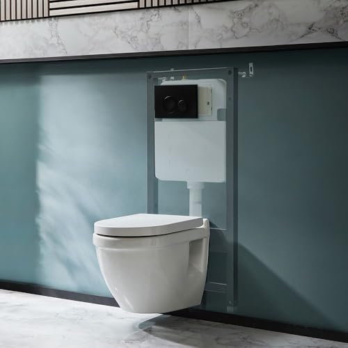 Milano Newby White Wall Hung Round Toilet Tall Frame Dual Flush Cistern - Black Round Plate