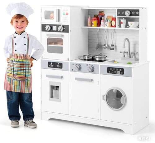 Kids Play Kitchen, Wooden Pretend Toy Kitchen with Water Dispenser, Oven, Washing Machine, Microwave, Coffee Maker, Sink, Faucet, Utensils, Sounds and Light, Children Chef Role Playset for Boys Girls