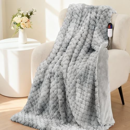 CURECURE Wärmedecke Elektrisch 130x180cm 3D Blütenjacquard, Blau | Kaninchen-Fleece und Flanell, 6 Heizstufen, 1-10-Stunden-Timer, Maschinenwaschbare Wärmedecke für Bett Sofa Büro