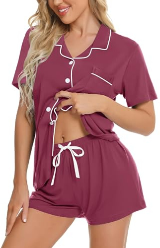 SWOMOG Women Pyjamas Set Short Sleeve Sleepwear Womens Button Down Nightwear PJ Set with Pockets Burgundy