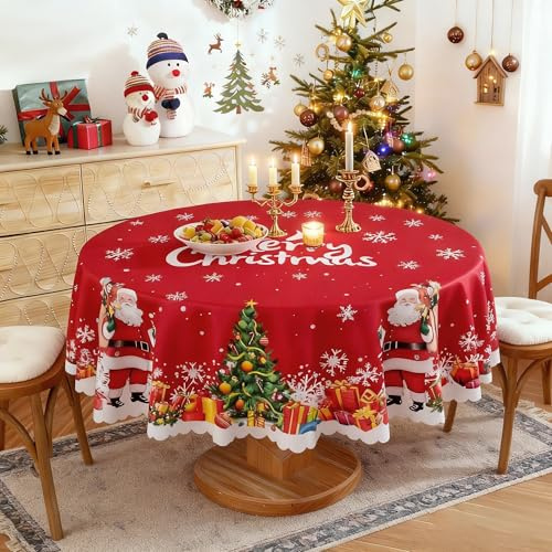 Weihnachten Tischdecke Rund 120cm Abwaschbar Weihnachtstischdecke Rot Fleckschutz Tischwäsche Wasserabweisend Tischtuch für Esszimmer Küche Party Stil C