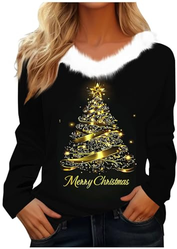 HAOLEI Ladies Christmas Jumpers,Women Christmas Tree Jumpers Funny Snowflake Print Faux Fur Trim Graphic Sweatshirts V Neck Long Sleeve Novelty Hoodies Xmas Holiday Shirts Going Out Blouse Tops