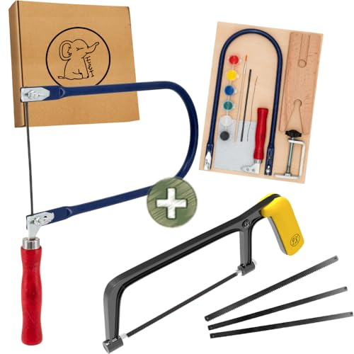 Eli® Kindersäge + Laubsäge Set ab 6 Jahre inkl 4 Sägeblätter Holz + Metalln | Laubsägen inkl kreative Vorlagen - Laubsägeplatten - Farben - Pinsel - Schleifpapier - Geschenkidee Junge und Mädchen Säge