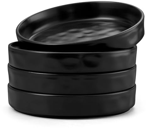 Herogo Pasta Blows Set of 4, 30oz Stoneware Salad Bowl, Matte Black | Reactive Glaze Serving Bowl for Noodle Soup Fruit, Microwave and Dishwasher Safe, Chip and Scratch Resistant, Deep Edge, 21cm