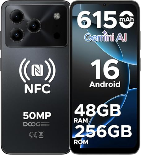 DOOGEE NOTE56 Plus Android 16 Telephone Portable, 48Go+256Go/2TB, Smartphone Pas Cher, 50MP+8MP, Smartphone Octa Core 6.56 HD+ 90Hz, 6150mAh, Débloqué 4G Dual SIM, Fingerprint/Face ID/NFC/OTG, Noir