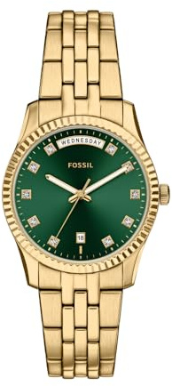 Fossil Scarlette Uhr für Damen, 34-mm Quarz-Dreizeiger-Datum-Uhrwerk mit Edelstahlarmband