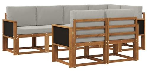 vidaXL Outdoor-Sofagarnitur 7 pcs Natürlich und Hellgrau Polyester, Stylisches Outdoor-Sofa-Set, Moderne Gartenmöbel, wetterfestes Akazienholz, modulares Sitzen für Terrasse und Lounge