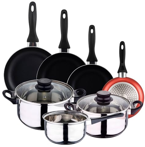 Well Home Pack Batería de cocina 5 Piezas en acero inoxidable + Sartenes Ø16Ø20Ø24Ø28cm Aluminio prensado Cobre metalizado
