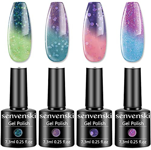 Senvenski Farbwechsel Gel Nagellack Farben Grün Lila Blau Mauve Shellac Glitzer Stimmung Chamäleon Thermisch Temperatur UV LED Gift Set Kit Nagellack Kinder Mädchen (WB006)
