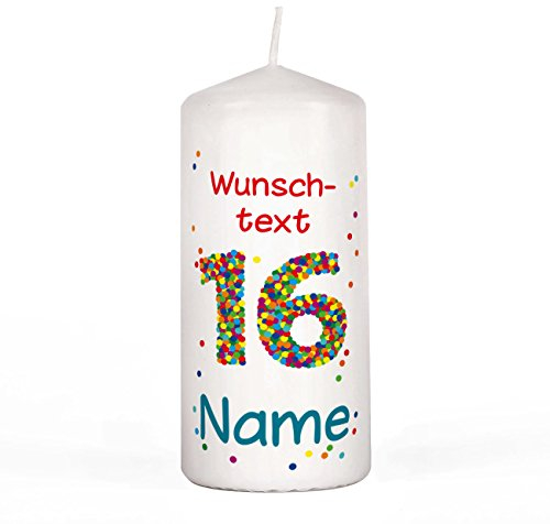 Herz & Heim® Geburtstagskerze - Konfetti - mit Namen und Wunschtext 16. Geburtstag