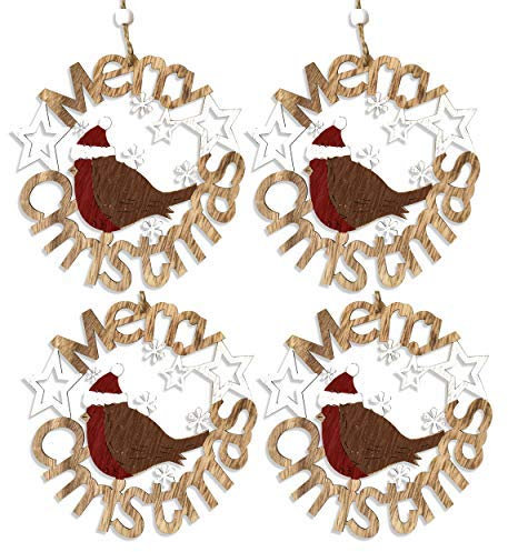 by Robelli Shabby Chic Wooden Christmas Tree Hanging Pendant Baubles Decorations (4 x 14cm Xmas Robin Wreath)