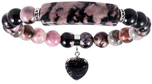 Nupuyai Rhodonite Healing Crystal Stone Bracelet for Women, Lucky Heart Charm 8mm Beads Stretch Bracelet