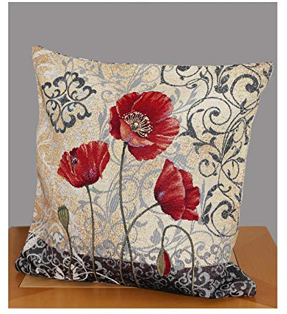 atelier alles-Spitze Langlebige Gobelin-Kissenhülle Moderne Mohnblumen Strapazierfähiger Dekokissenbezug in beige, rot und anthrazit | Größe 45x45 cm