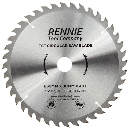 Rennie Tools - 255mm x 30mm x 40T TCT Circular Wood Saw Blade Includes 25mm 20mm & 16mm Bore Reduction Rings. Compatible with Bosch Makita Dewalt Circular Saw Etc. Fits 254mm Circular Saws