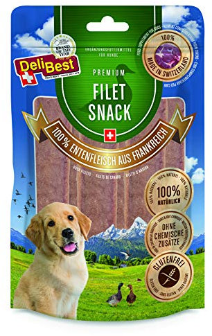 DeliBest Filet Snack aus Entenfleisch I Hundesnacks getreidefrei I Hundeleckerli als sortenreine Protein- und Energiequelle I Hundesnack mit hohem Fleischanteil I 90 g