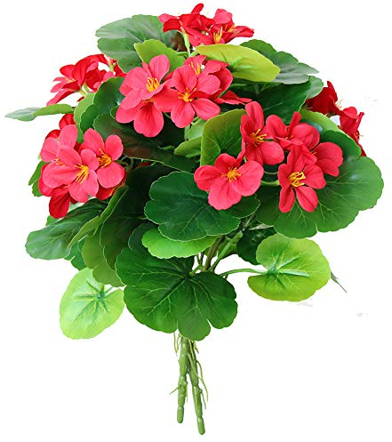 Xilyya Künstliche Geranienstrauch Seidenblumen mit grünen Blättern für Haus und Garten Dekoration rot