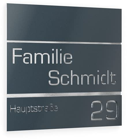 Graviers Design Hausnummer aus V2A Edelstahl 380x380mm - Anthrazit RAL 7016 - Rostfrei UV-beständig Individuell anpassbar Straße Nummer Familie Name - Made in Germany