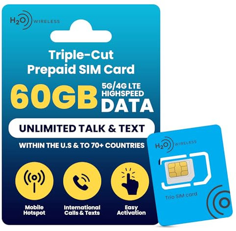 H2O Wireless 30-Tage Prepaid-SIM-Karte USA mit 60 GB Highspeed-4G-LTE/5G-Daten und 20 GB mobilem Hotspot, unbegrenzte Daten, Internationale Gespräche und SMS, dreifach geschnittene US-Mobil-SIM-Karte