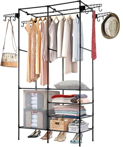 Youyijia Kleiderständer mit Ablagen Haken Schuhablage Kleiderstange Multifunktional Garderobenständer aus Metall Standregal mit Hängeregal Offener Kleiderschrank Kleiderständer Stabil Schwarz