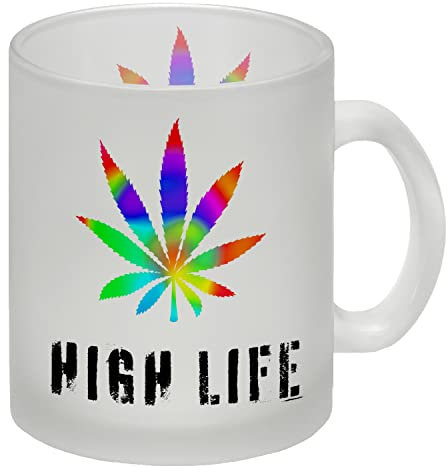 High Life Glas Tasse mit Marihuanablatt in bunt Kaffeetasse für Kiffer mit Graspflanze Geschenk für Kiffer Glas Tasse Der perfekte Glas Tasse für Kiffer. Du brauchst nach deinem