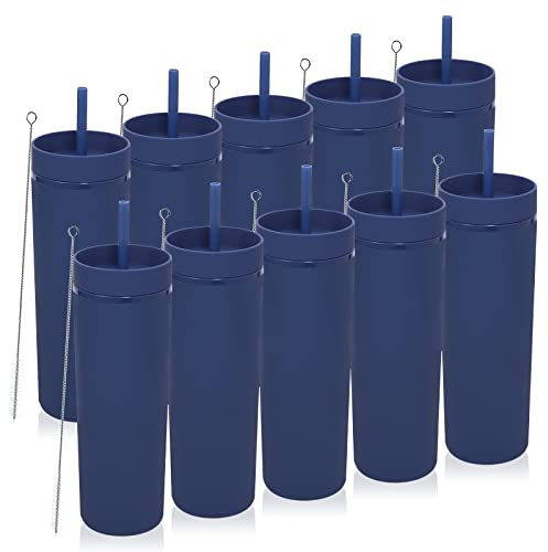 Volhoply 600ml Bicchieri in Plastica Confezione da 10,Bicchiere a Doppia Parete con Coperchio e Cannuccia,Riutilizzabili Tumbler,Bicchieri D'acqua in Acrilico Senza BPA per Feste,Regali(Marina,10 Set)
