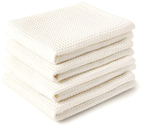 Encasa XO Serviettes de Cuisine et Gants de Toilette en Coton | Solid Off White | Torchon Texturé et à Tissage Plat | Ensemble de Torchons | 70x45 cm | Réutilisable et Séchage Rapide Lot de 4