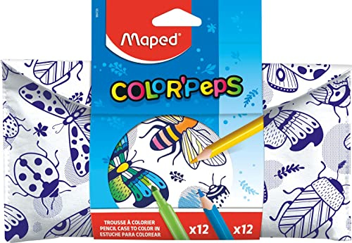 Maped - XXL Ausmalbares Federmäppchen inkl. 12x Buntstifte Strong & 12x Filzstifte LONGLIFE - einfaches Finden und Herausnehmen der Stifte - bemalbar mit Bunt- und Filzstiften -mit Klettverschluss