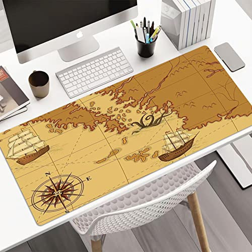Gaming Tapis de Souris XXL 800x400 mm,Décor Kraken, Ancienne Carte avec Boussole et Continent de navires et Figure Kraken,Tapis de Souris Grand Bords Cousus Antidérapant pour PC, Ordinateur Portable