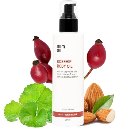 Huile anti-vergetures à la rose musquée, à l'amande douce, à la centella asiatica et aux huiles riches en vitamine E. 200 ml. 100% naturelle. Hydrate et aide à prévenir les vergetures.