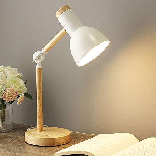 Mengjay Nordic Modern Creative Tischlampe Schlafzimmer Nachttischlampe Kinder Büro Augenschutz Lesetischlampe Verstellbare Schreibtischlampe E27 Holz Metall Nachtlampe (White)
